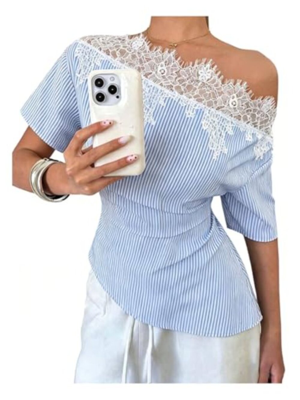 Satin Off Shoulder Lace Trim Asymmetrical Blouse